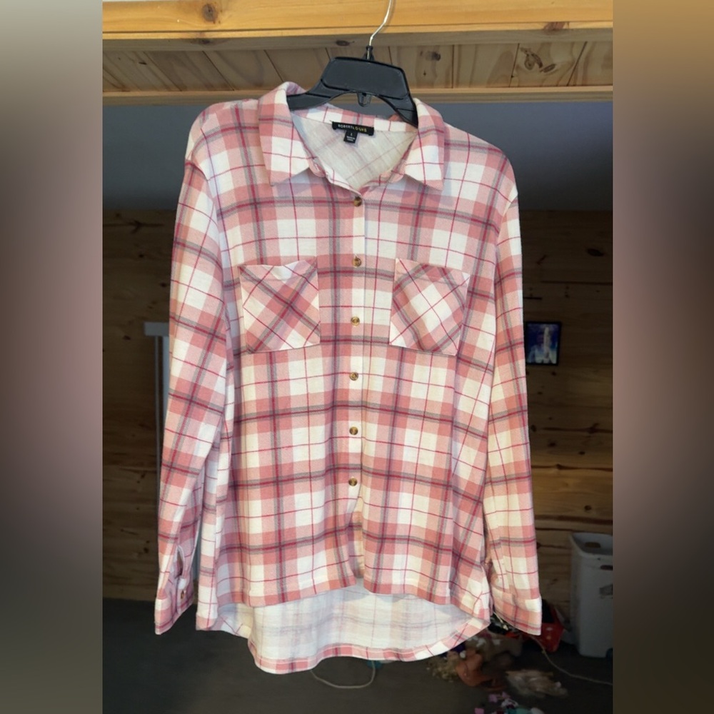 Lg Robert Louis pink white and gray plaid button up